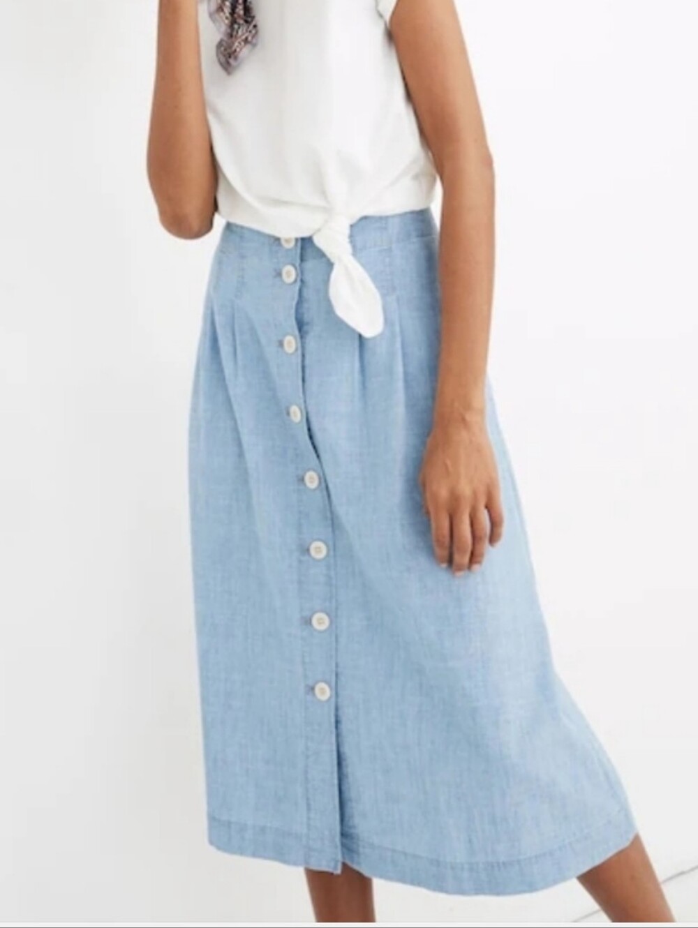 Madewell Chambray Womens Light Blue Button-Front Midi Skirt Size 2
